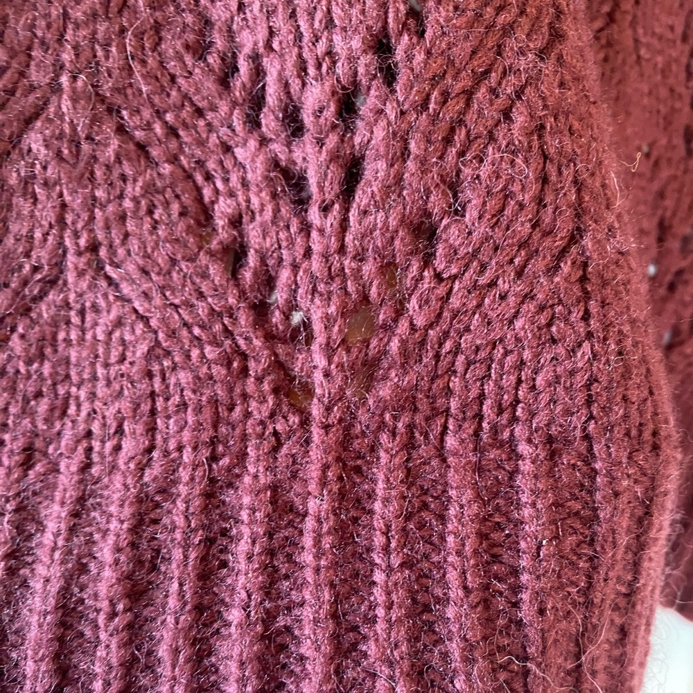 Women's Burgundy feminine Coquette Girl Open Knit Puff Sleeve Crewneck Sweater S - Picture 5 of 13